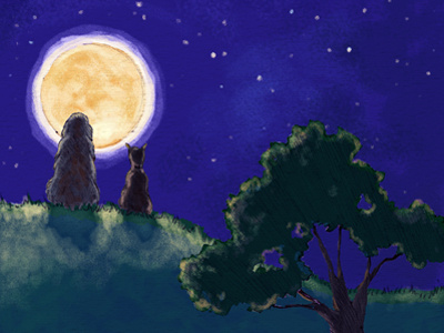 On a Hilltop art digital dogs hill top illustration moon night tree