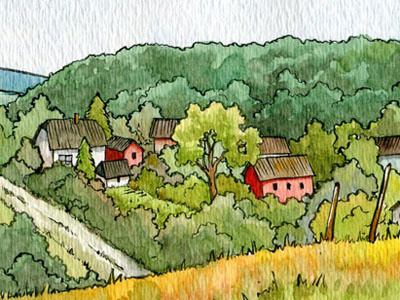 Countryside cottages art country europe houses illustration watercolor