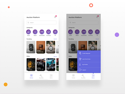 Auction App - Dashboard android android app antiques auction bidding dashboad illustraion minimal product side menu sketch ui user interface design ux