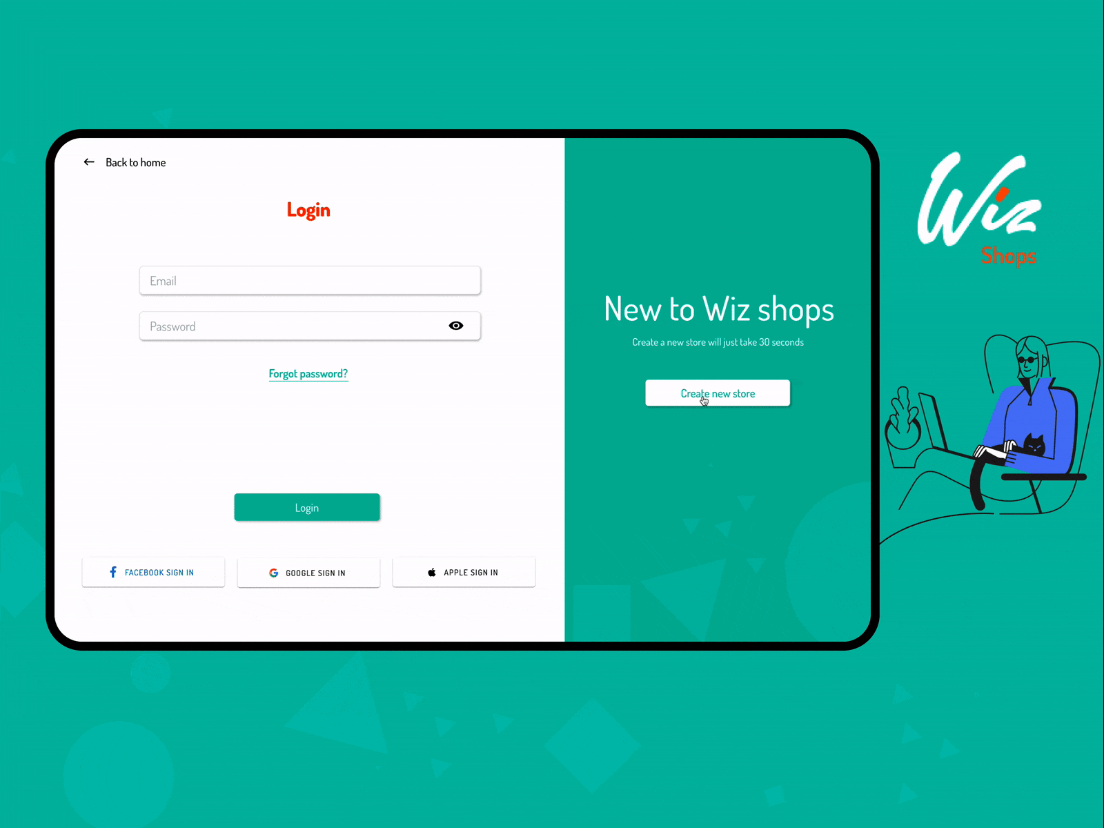 Wiz shops animation create account create store ecommerce illustration interaction design login page marketplace merchants uxdesign