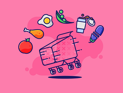 On the Loose cart coffee food grocery icon illustrator liquid monoline pink rainbow runaway shopping vector wallpaper