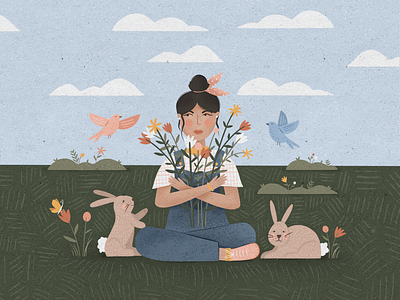 April birds clouds flowers graphic design grass illustration illustrator people procreate rabbits spring woman