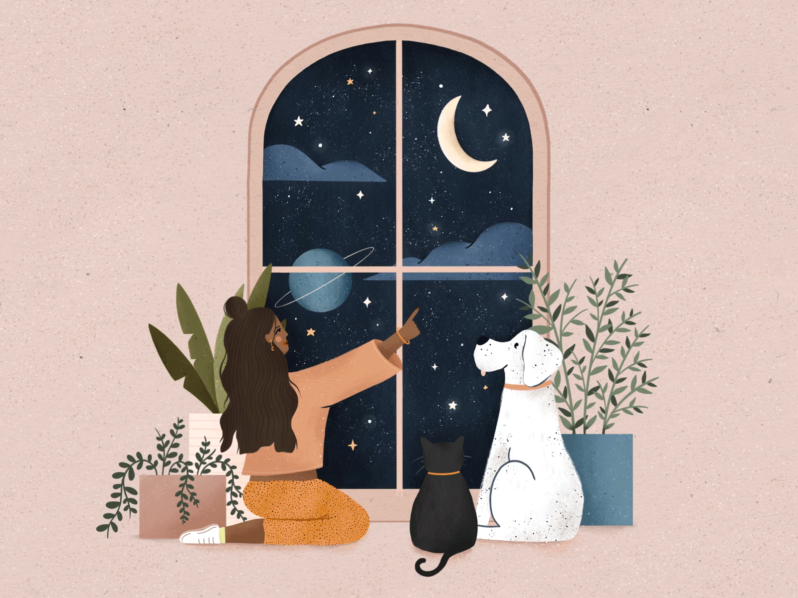 Star Gazing animate animatedgif art design dog graphic design hand drawn illustration illustrator lady moon people plants procreate space stars window