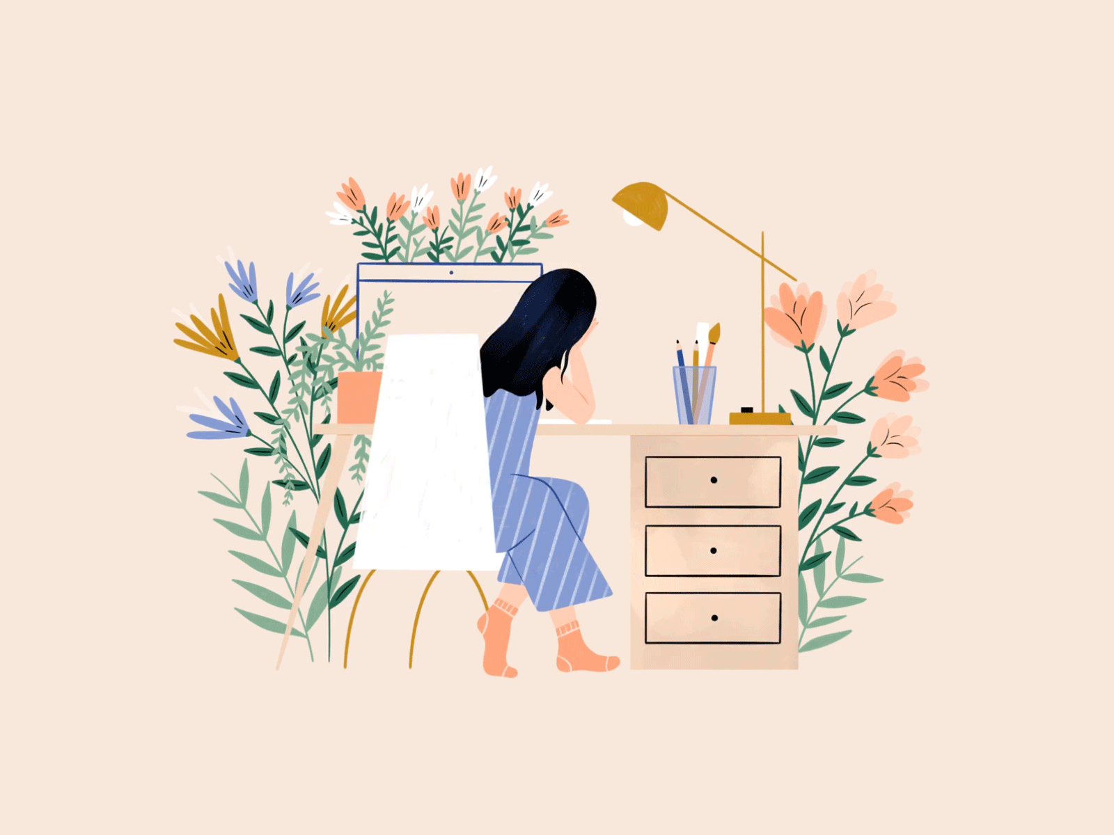 Stay Inside art design floral flowers gif graphic design hand drawn illustration illustrator lady office people procreate spring woman work from home