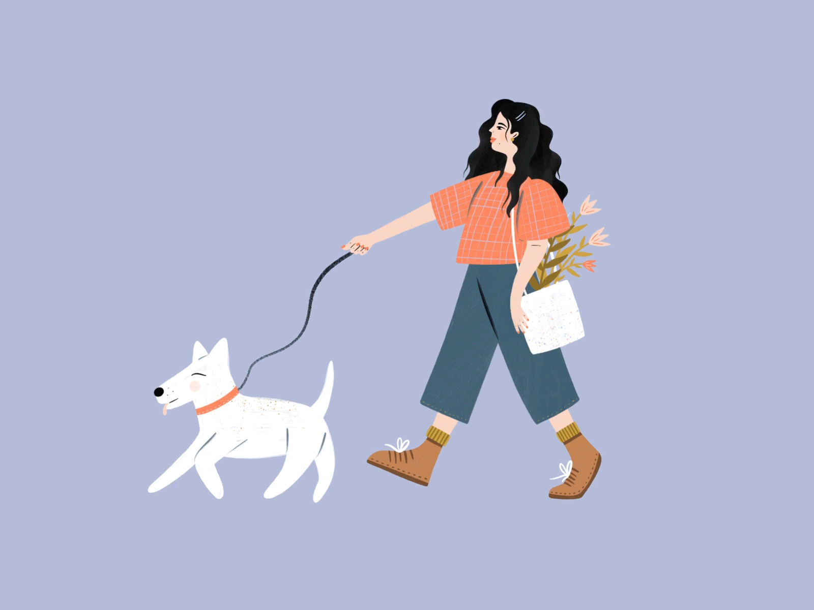 Walkies animation dog floral flowers gif graphic design hand drawn illustration illustrator lady people procreate spring texture walking woman