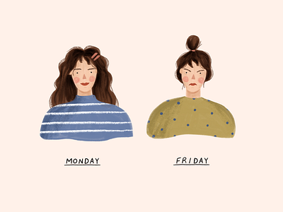 Monday to Friday design hair hand drawn illustration illustrator lady marker people procreate texture week woman work