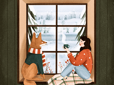 Cozy Nook coffee cozy design fox hand drawn illustration illustrator lady people procreate snow window winter woman