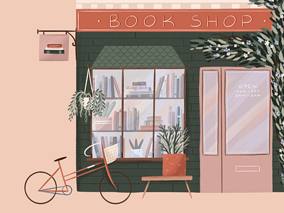 Book Shop bike books bookshop bookstore building design floral flowers hand drawn illustration illustrator plant procreate window