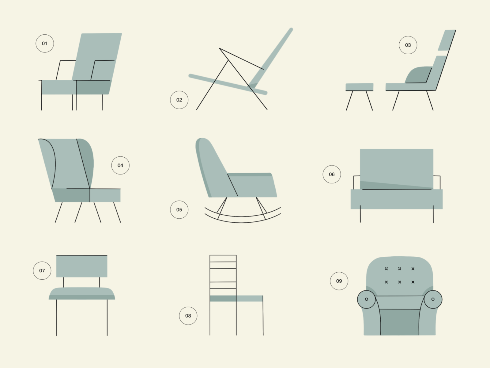 Chair Types apartment chair decor design furniture hand drawn home illustration illustrator line art living room minimal modern procreate