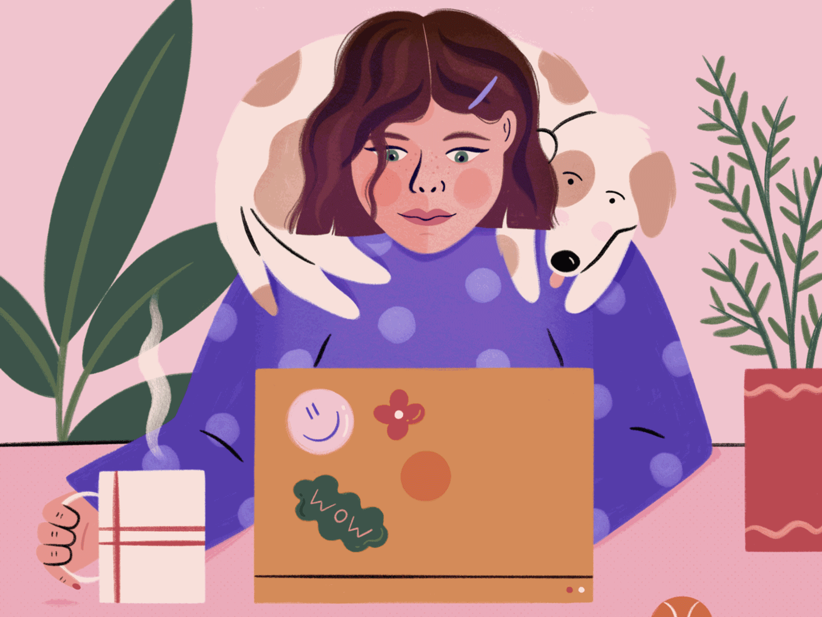 Emails animation coffee design dog gif hand drawn home illustration illustrator people plants procreate texture woman work work from home