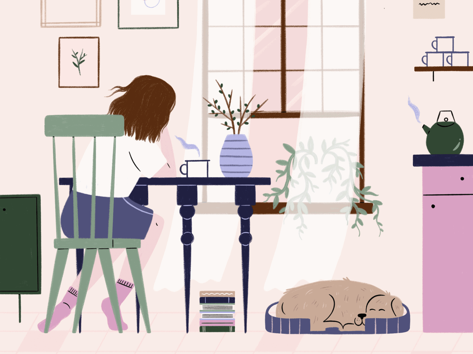 Good Morning animation apartment breeze design dog furniture gif hand drawn home illustration illustrator people procreate tea texture woman
