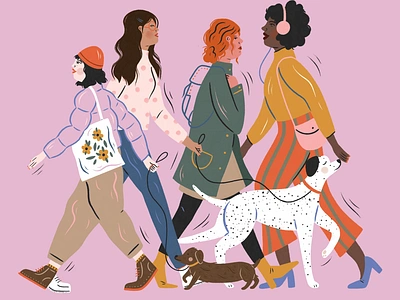 City Babes city design dogs fashion gouache hair hand drawn illustration illustrator lady pattern people procreate walking woman