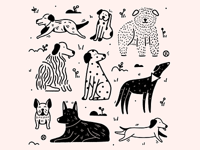 Dog Doodles black and white design doggos dogs floral flower hand drawn illustration illustrator line art pet procreate simple texture