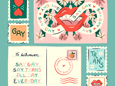 Say Gay design flowers gay hand drawn illustration illustrator lettering lgbtq love mail postcard procreate say gay stamps texture