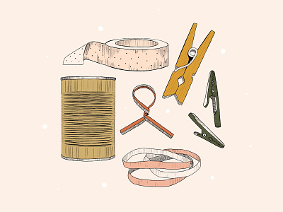 Junk Illustrations alligator clips clothespin editorial design editorial illustration hand drawn illustration junk drawer lineart magnolia journal rubber bands tin can twist tye washi tape