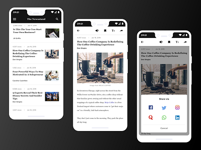 The Newsstand app with Social Share Daily UI Challenge #010 android androidapp app dailyui dailyuichallenge design dribbble inspiration interaction design minimal typography ui ui ux ux