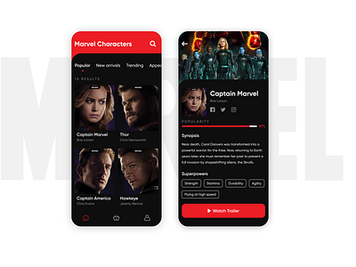 Marvel Characters app avengers characters clean color concept creative dailyui dark ui design dribbble inspiration interaction design marvel minimal shot typography ui ui ux ux