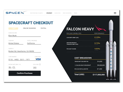 SpaceX Checkout Page (Daily UI Design Challenge #002) checkout checkoutform dailyui dailyui002 form rockets spacecraft spacex ui user interface