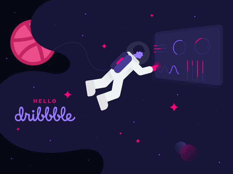 Hey Dribbble! I'm Julia. animation austronaut debut dribbble flat illustration floating hello illustration motion graphics pink planets purple space stars vector