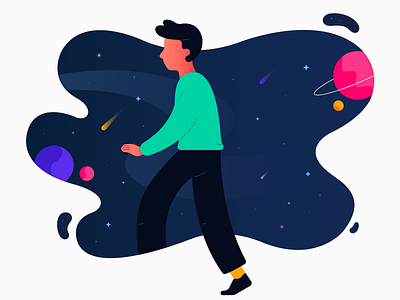 At Galaxy's Edge 2d adobe illustrator art artwork background character character design clean colors dribbble flat flat design guy illustration person planets space stargazing stars walking