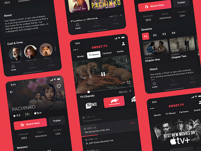 Sweet.TV [ Concept ] branding card dark dark theme design interface mobile movie online tv red design sweet tv tv ui ux