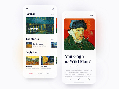 Art & Design / Mobile App 🌞 Light Mode art article card design illustration interface list mobile srtists ui ux van gogh voice