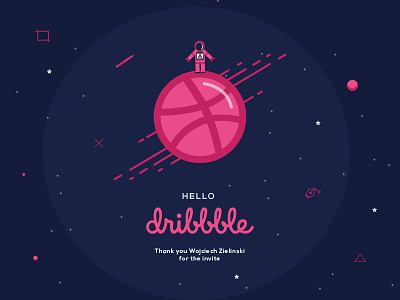 Hello Dribbble debut first shot hello illustration invitation pink space thank you