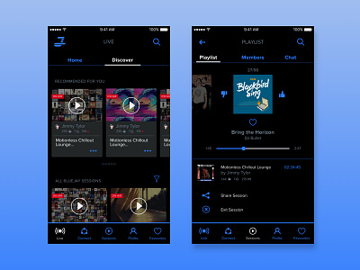 Social Radio App app black blue mobile music radio ui ux web