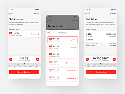 DENT 4.0 – Marketplace Selling app crypto cryptocurrency esim interaction interface listing market marketplace mobile data product design resale sell selling slide slide control slider slider bar sliding stepper