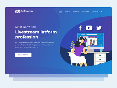 Gostream clean design facebook illustration landing page ui ux vector web