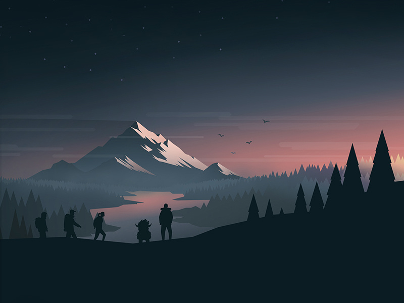 World Domination sunlight mood river trees mountain peak hiking outdoors illustration