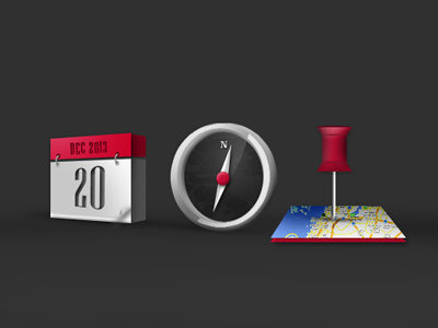3D Icons for calender, GPS and Map pin.