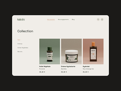 katoès — products list branding design desktop ecommerce minimal product skincare ui webdesign website