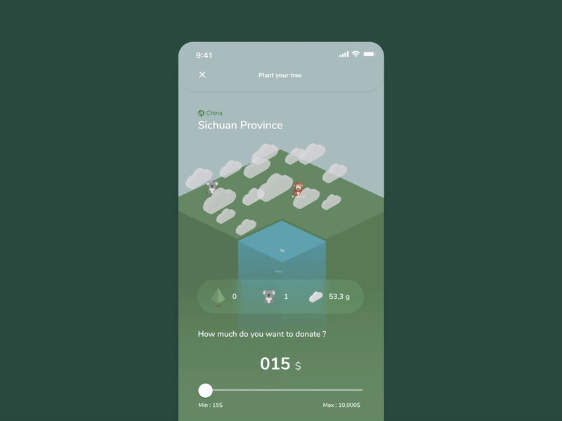 Forest Restoration App Concept - Donation animation animation app concept dataviz design donation forest illustration increase interaction interface mobile motion design plant a billion trees price process trees ui ux