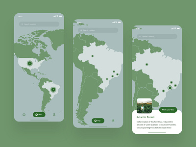 Forest Restoration App Concept - Map app design donate donation forest map mobile planet plant a billion trees ui ux