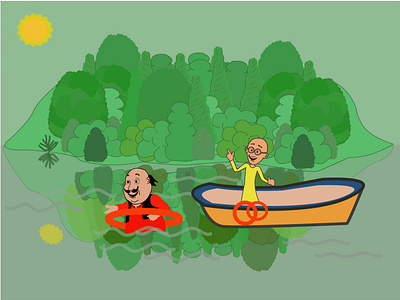 Illustration.Motu Patlu is playing on the bank of river. 2023 branding cartoon design graphic graphic design illustration motu motupatlu patlu