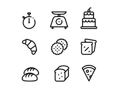 Bakery Icons biscuits bread cake chronometer croissant illustrator icon line pizza scale simple