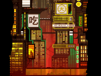 Neon 8-bit animated art building city cityscape cyberpunk gif illustration neon pixel scifi