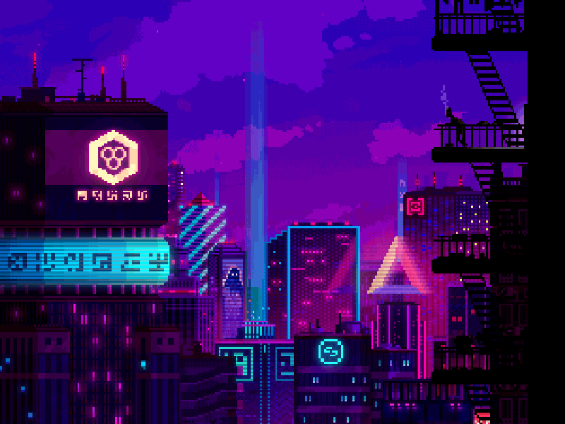 Corporations 8 bit animated art building city cyberpunk gif hologram loop night pixel sci fi