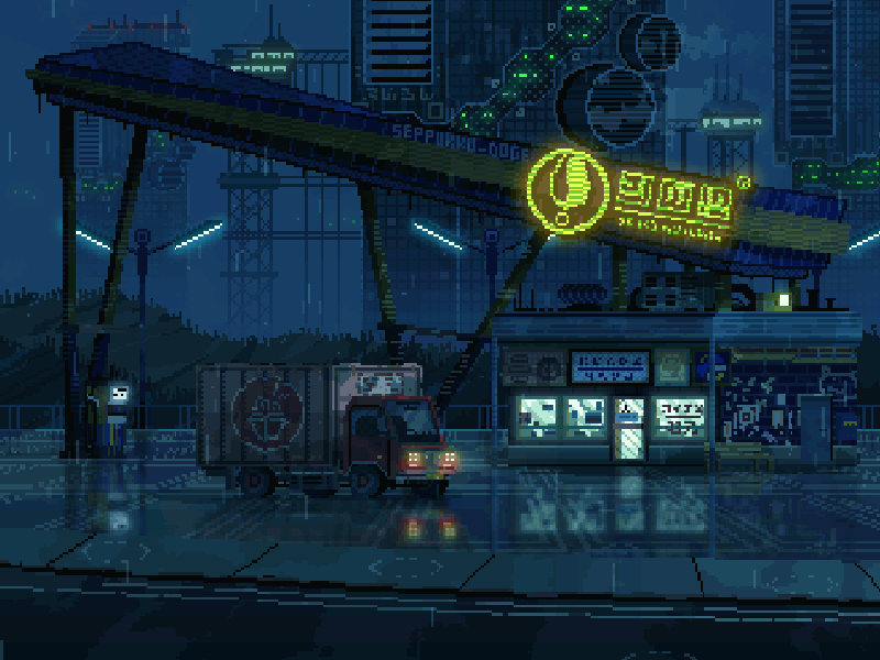 Courier 8-bit animated art cyberpunk drawing dystopia gas station gif illustration night pixel retro store front van
