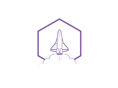 Blast Off brand hexagon logo purple rocket ship space