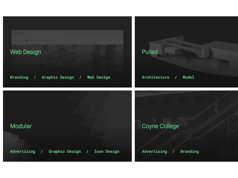Project Cards architecture background image cards green hover portfolio project