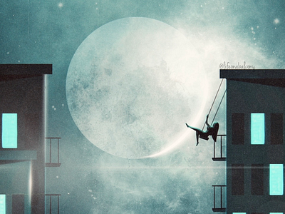 Fly art balcony digital drawing dream envy feelings feminist illustration instagram lights love moon moonlight night sky social starry stars