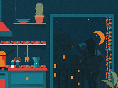 An evening. balcony blue city girl green illustration instagram kitchen light love moon moonlight night relax sky skyline social stars vector