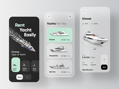 Yacht Booking Service Application - Rent Yacht 3d app app design blur boat book booking cruiser glass glassmorphism interface mobile rent sail sailboat sailing swipe ui yacht yachts