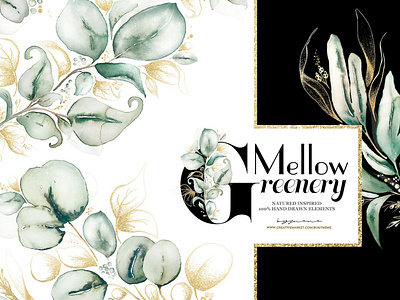 Mellow Greenery. Watercolor and Gold art background clipart concept design design elements floral flowers flowers clipart gold gold foil golden graphic graphic design graphic elements graphics illustration mellow mellow greenery watercolor