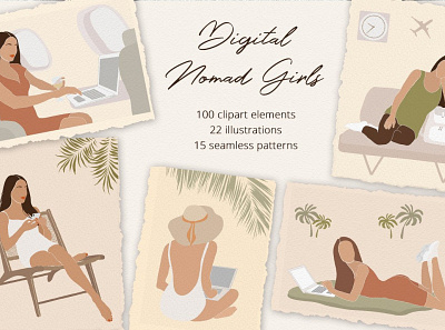 Digital Nomad Girls Illustration Set art clipart clipart elements design design elements digital digital art digital illustration graphic design graphic elements illustration illustration set illustrations nomad girl pattern patterns poster posters seamless patterns vector