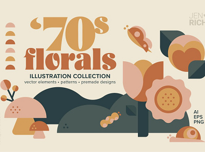 70s Florals Illustration Collection 70s butterflies caterpillar collection design elements floral floral elements florals flowers graphic graphics illustration illustration art illustration design illustration digital illustrations leaves mushrooms snail