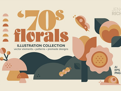 70s Florals Illustration Collection 70s butterflies caterpillar collection design elements floral floral elements florals flowers graphic graphics illustration illustration art illustration design illustration digital illustrations leaves mushrooms snail