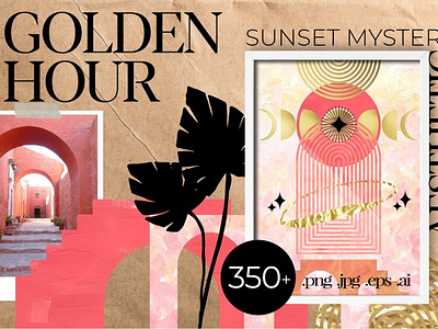 Golden Hour Sunset aesthetic atmosphere charming clipart creative design golden hour golden sun graphic graphic design graphics graphics collection handmade illustration illustrations inspire inspired mystery mystical sunset